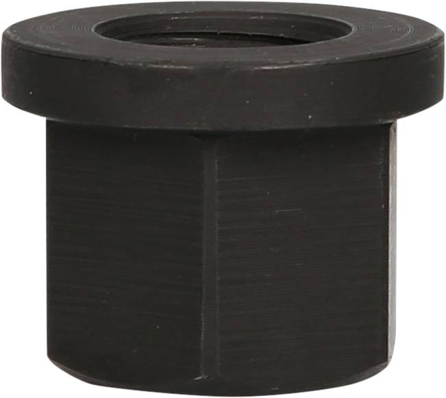 Schwarze, zylindrische Schraubmutter mit einer sechseckigen Basis. Sie wird in mechanischen Anwendungen verwendet.