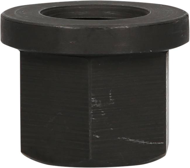 Ein schwarzes, zylindrisches Metallstück mit einem breiten Rand oben. Es sieht aus wie eine Mutter oder ein Teil eines Maschinenelements.
