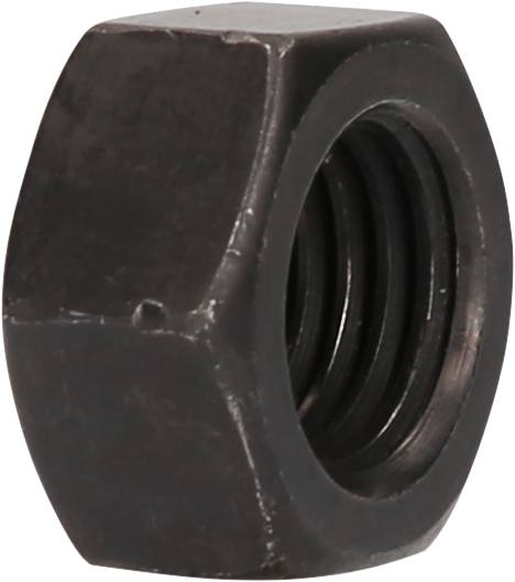 Eine schwarze Sechskantmutter aus Metall, seitlich fotografiert, zeigt das Innengewinde.