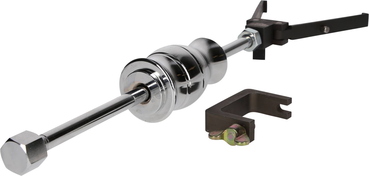 Ein Metallwerkzeug-Set mit einem Hammer, einer Klemme und einem Hebel. Es scheint für mechanische oder Reparaturzwecke verwendet zu werden.