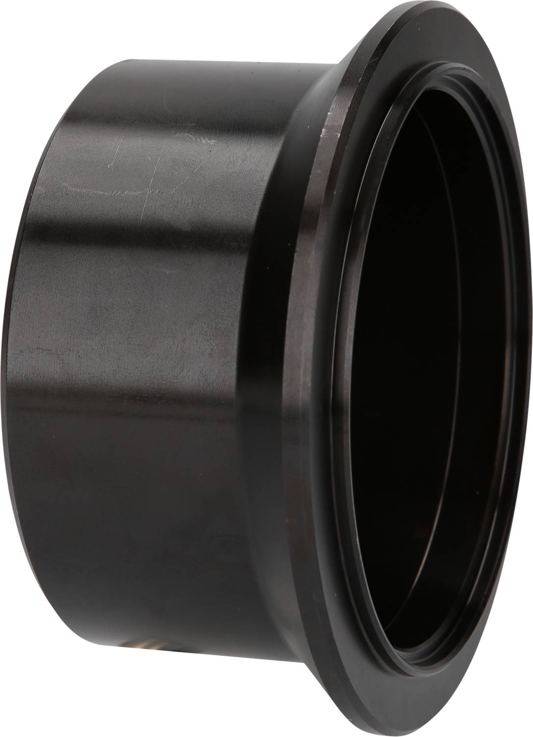 Schwarzes zylindrisches Metallteil mit einem Flanschrand, möglicherweise ein Adapter oder eine Dichtungskomponente.