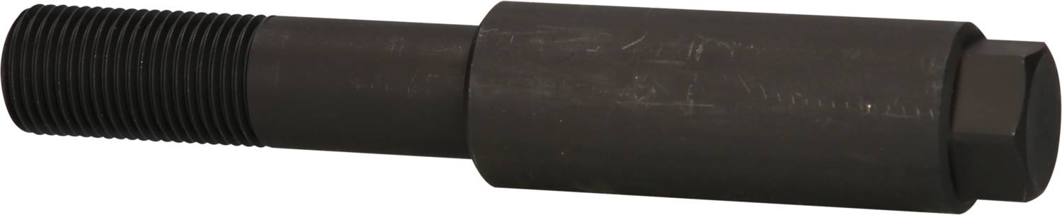 Schwarzer Metallbolzen mit Gewinde und Sechskantkopf, seitlich liegend.