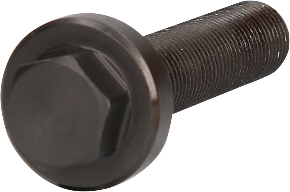 Schwarze, metallene Sechskantschraube mit flachem Kopf und Gewinde, isoliert auf weißem Hintergrund.