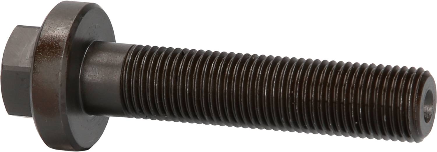 Eine schwarze Sechskantschraube aus Metall mit teilweisem Gewinde, dargestellt auf einem neutralen Hintergrund.