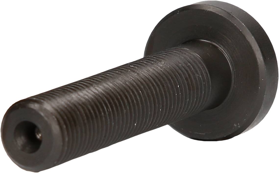 Schwarze Metallschraube mit Gewinde und breitem Kopf, diagonale Ansicht, geeignet für mechanische Anwendungen.
