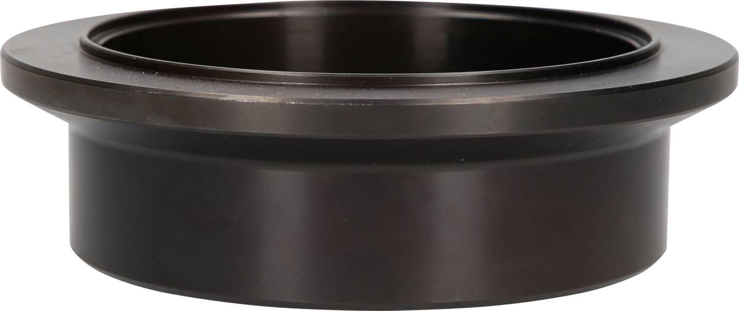 Ein schwarzer, runder Kunststoffring mit flachem Rand, möglicherweise ein Bauteil oder Adapter, auf weißem Hintergrund.