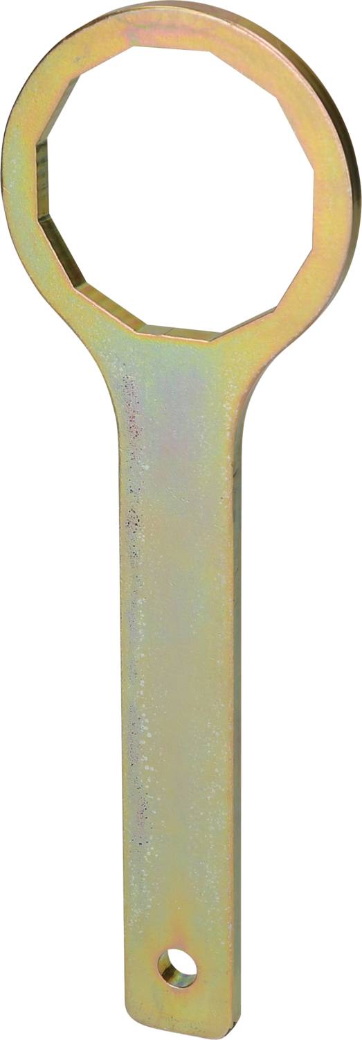Ein goldfarbener Metallschlüssel mit einem offenen, achteckigen Ende und einem langen Griff.