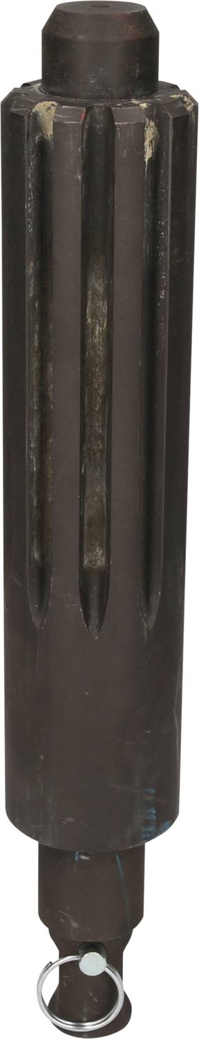 Ein schwarzes zylinderförmiges Werkzeug aus Metall mit Nutmustern und einem kleinen Ring an der Unterseite.
