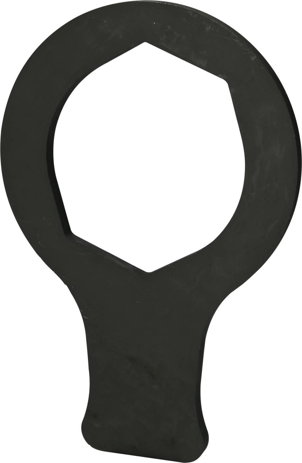 Ein schwarzer, flacher Schraubenschlüssel mit einem sechseckigen Kopf.