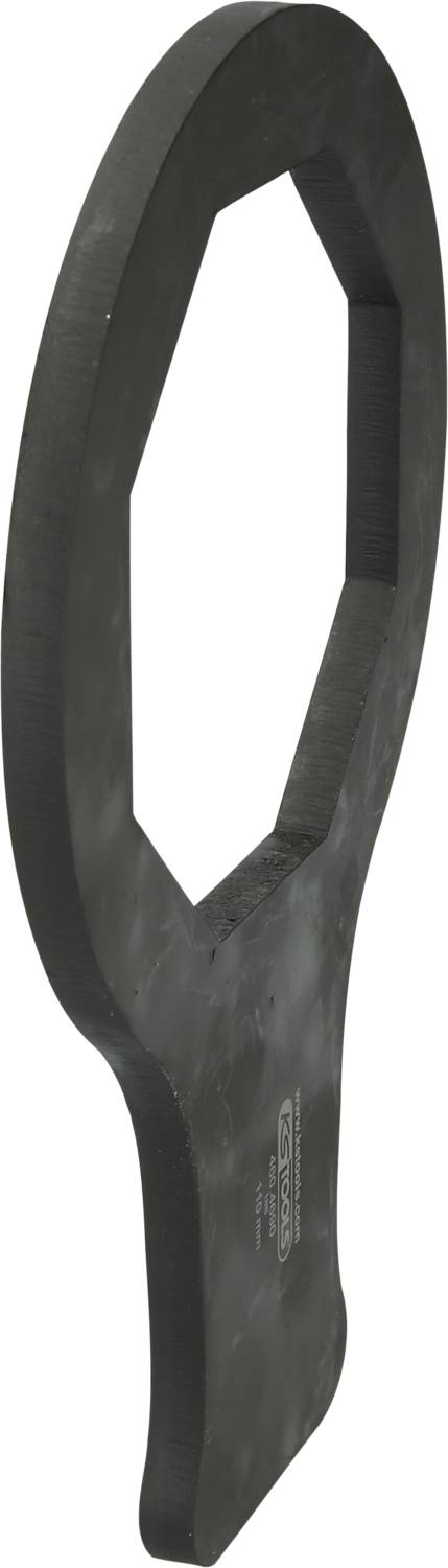Ein schwarzer Schraubenschlüssel mit achteckigem Kopf und langem Griff.