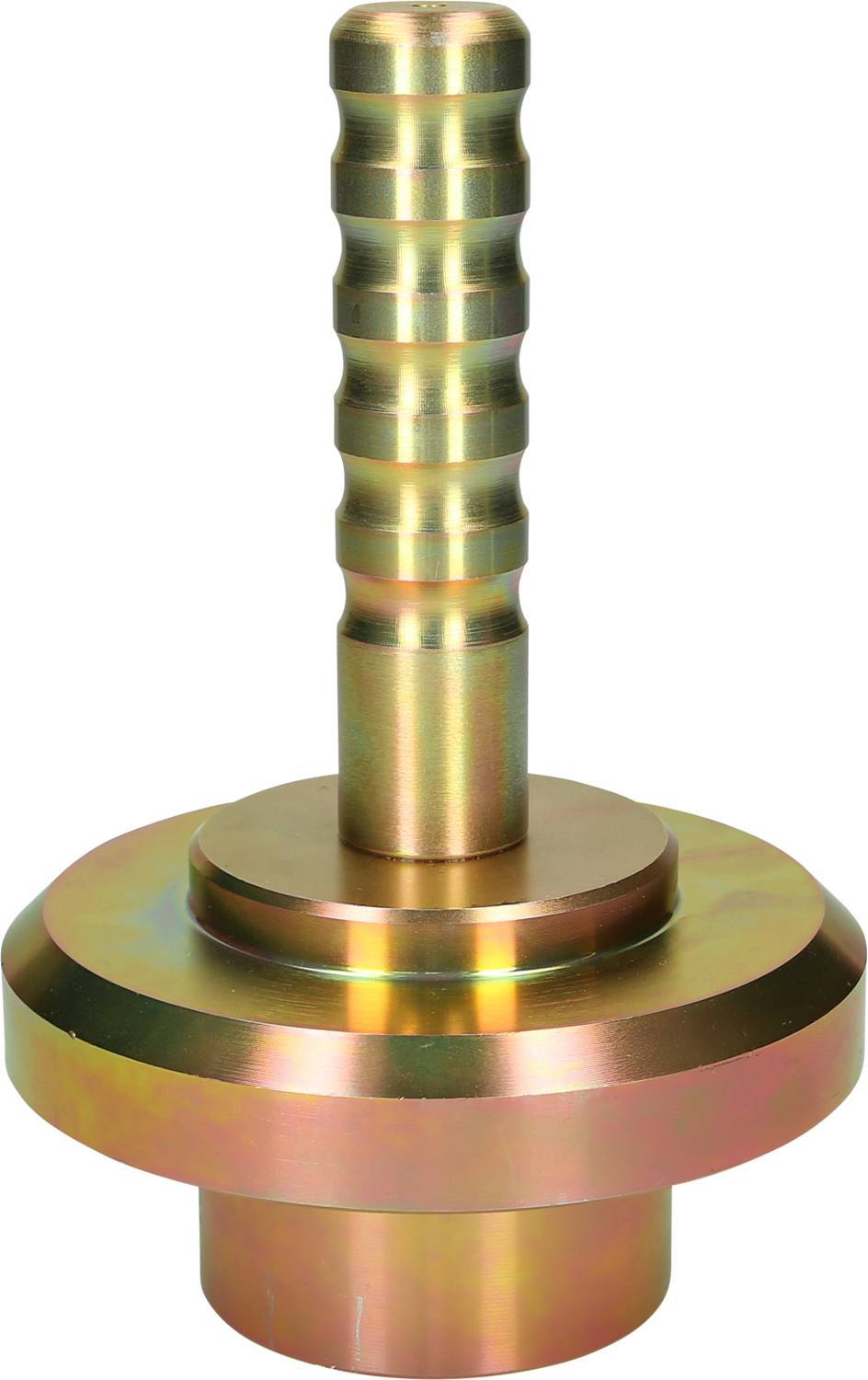 Metallisches Bauteil in zylindrischer Form mit einem geriffelten, länglichen Schaft und einem breiten Basisring. Geeignet für technische Anwendungen.