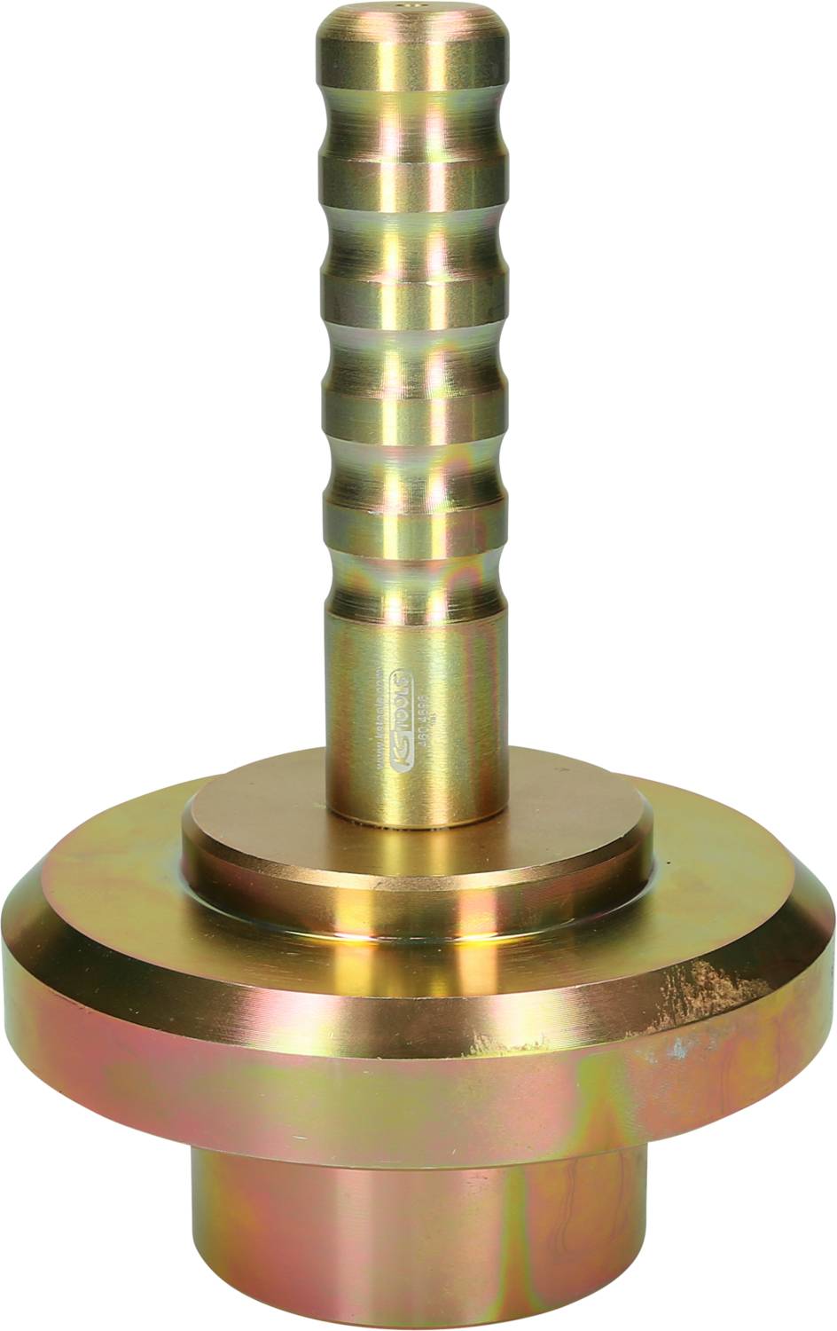 Metallisches Werkzeug mit zylindrischem Griff und gerippter Struktur auf runder Basis, möglicherweise für industrielle Anwendungen.