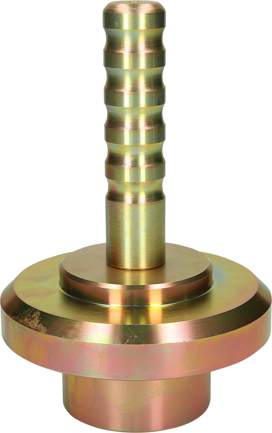 Metallisches Bauteil mit geriffeltem Griff, runder Basis und glänzender, goldener Oberfläche.