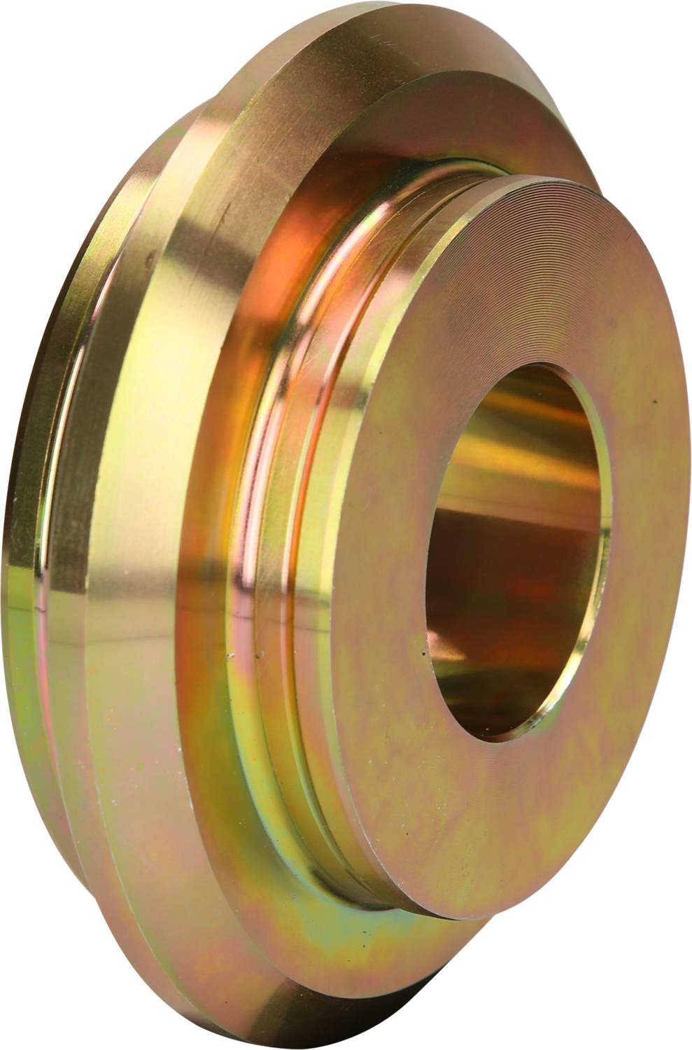 Metallische Riemenscheibe mit zentralem Loch, gebogenem Profil und glänzender, goldener Oberfläche, leicht von der Seite gesehen.