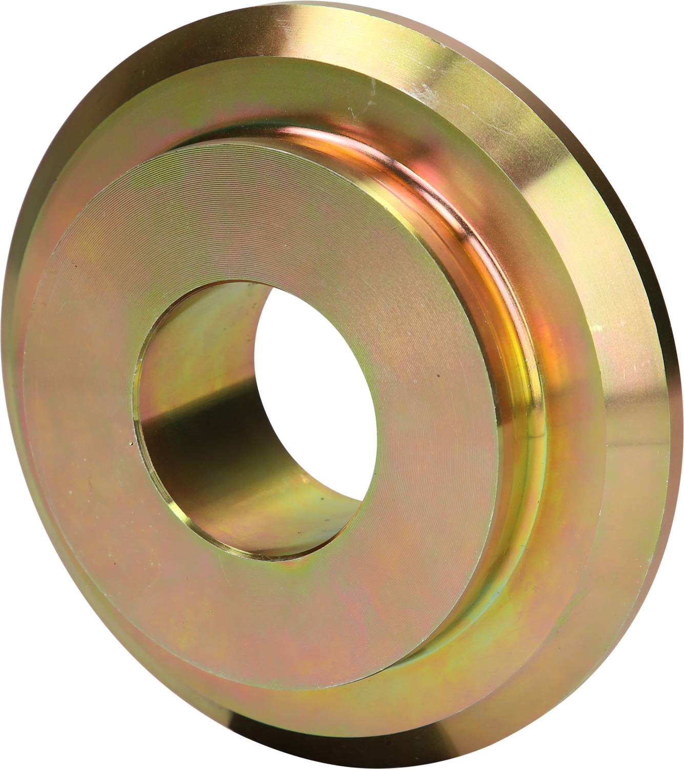 Ein einzelnes, glänzendes Metallrad mit zentraler Bohrung, das auf einer weißen Fläche steht.