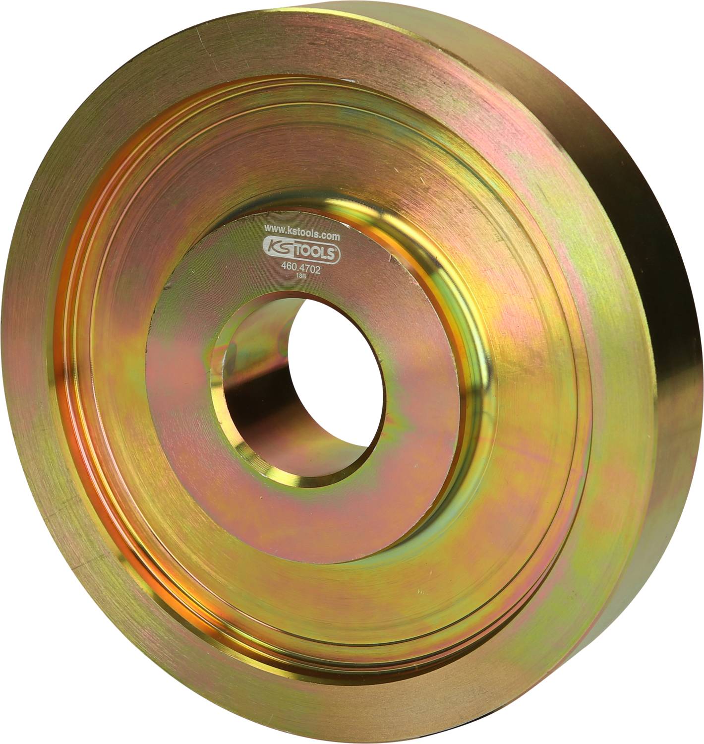 Eine glänzende, goldfarbene Metallscheibe mit zentralem Loch. Aufschrift 'KS Tools 100-4702' in der Mitte.