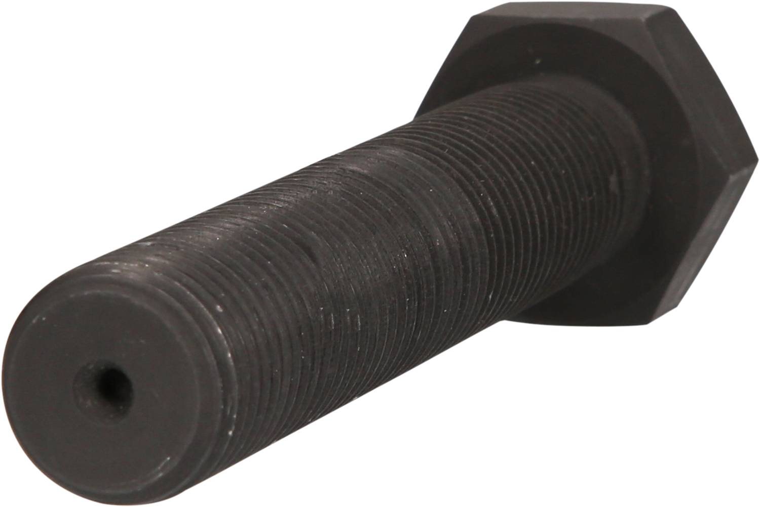 Eine große schwarze Schraube mit Sechskantkopf liegt auf der Seite. Die Gewindegänge sind deutlich sichtbar.