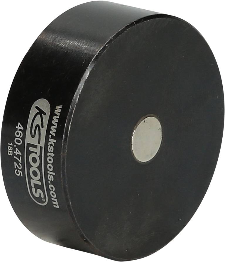 Ein runder, schwarzer Magnet von KS Tools mit silbernem Mittelstück und aufgedruckter Internetadresse 'www.kstools.com'.