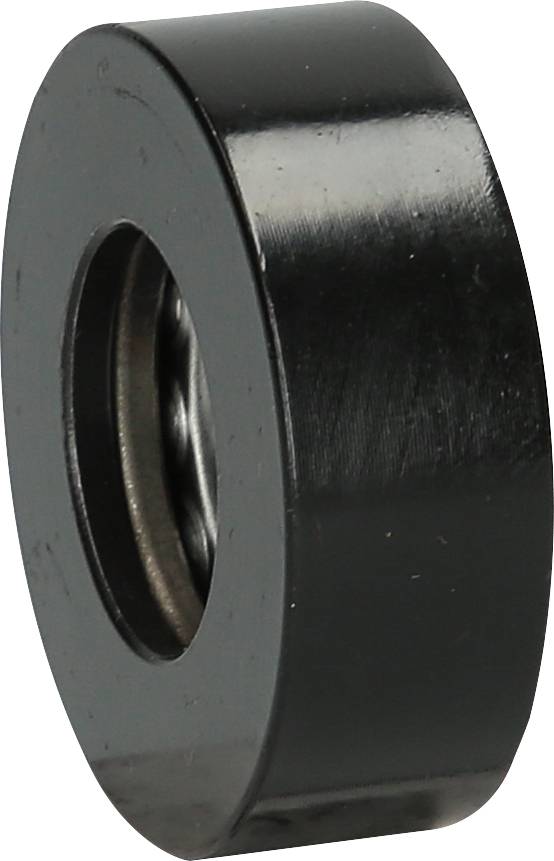 Schwarzes zylindrisches Bauteil mit mittigem Loch, vermutlich ein Lager oder eine Rolle, auf weißem Hintergrund.