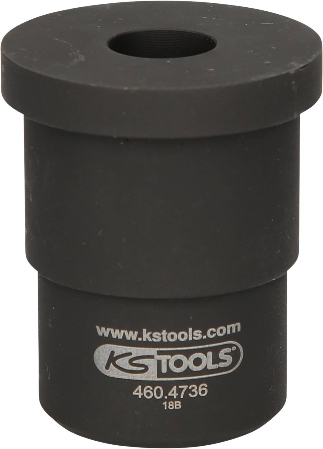 Ein schwarzer Werkzeugaufsatz mit der Aufschrift 'www.kstools.com' und 'KS TOOLS 460.4736 18B'.