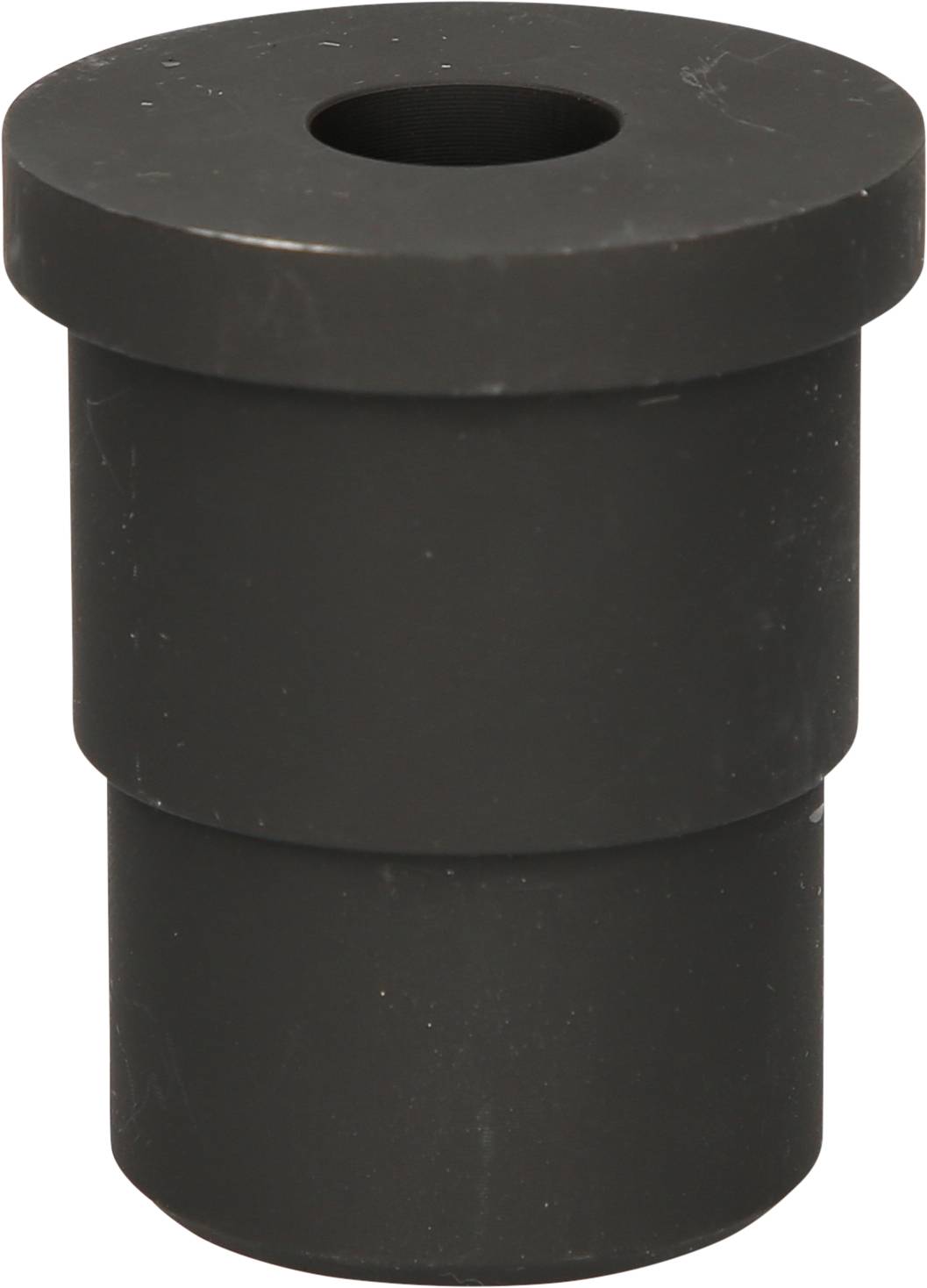 Schwarzer zylindrischer Adapter mit Loch in der Mitte, vermutlich aus Kunststoff, dient als Verbindungselement oder Dichtungsteil.