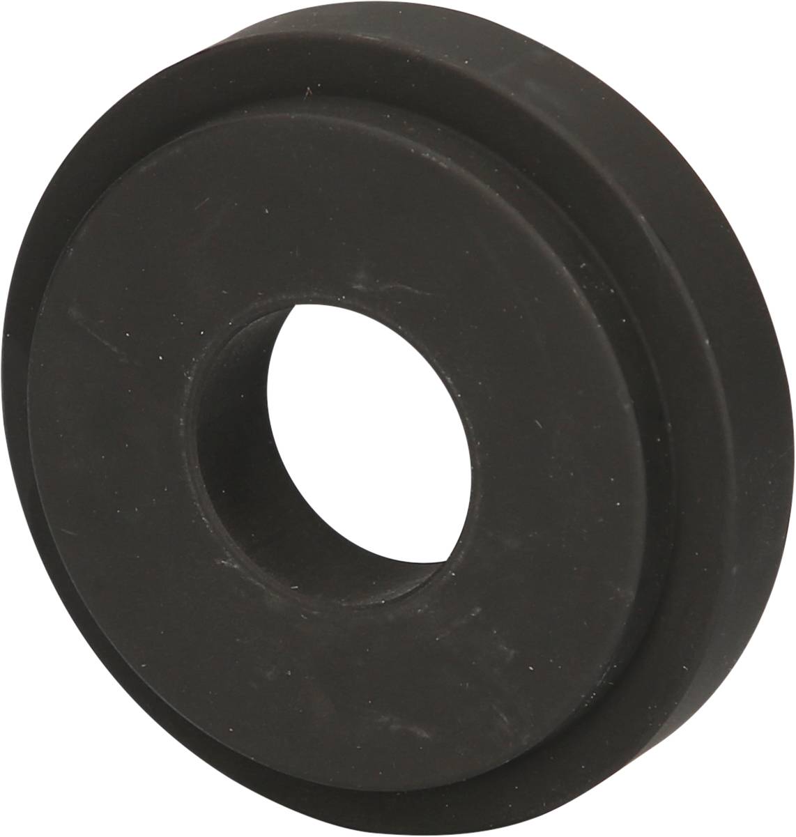Ein schwarzer, kreisförmiger Gummianschlag mit einem zentralen Loch, möglicherweise Teil eines mechanischen oder technischen Geräts.