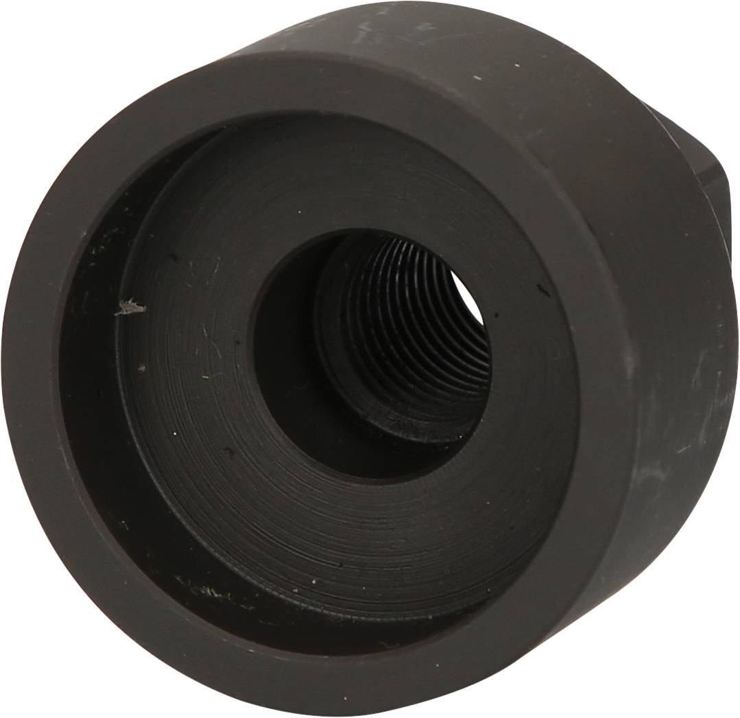 Schwarzer zylindrischer Metallaufsatz mit einem zentralen Gewinde, möglicherweise ein Adapter oder eine Befestigungskomponente.