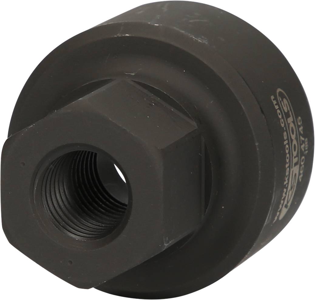 Schwarzer Metalladapter mit Gewinden, vermutlich ein hydraulisches Teil. Zylindrische Form mit sechseckiger Mutter für Werkzeuganwendung.