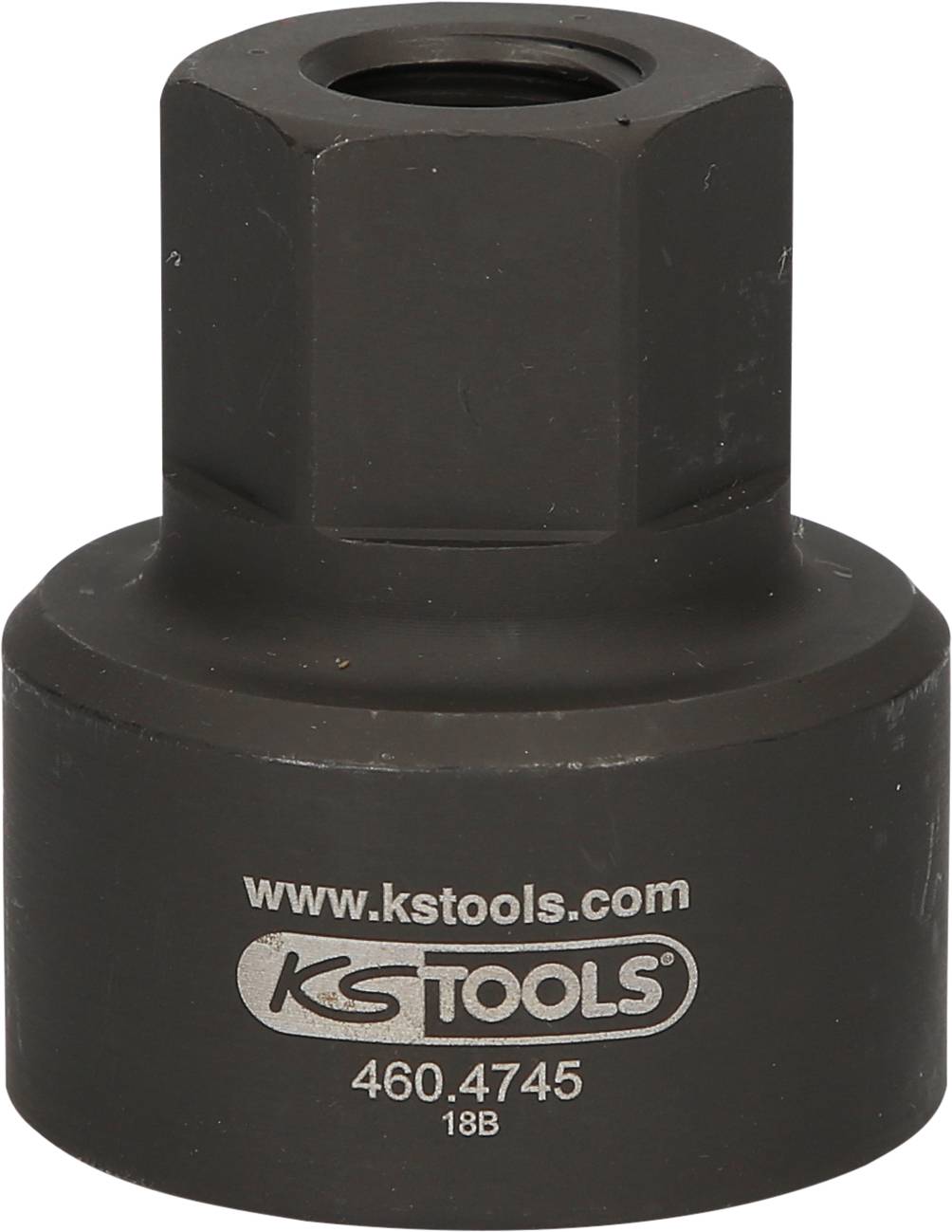 Eine schwarze Werkzeugnuss mit der Aufschrift 'www.kstools.com KS TOOLS 460.4745 18B', verwendet zur sicheren Befestigung von Schrauben.
