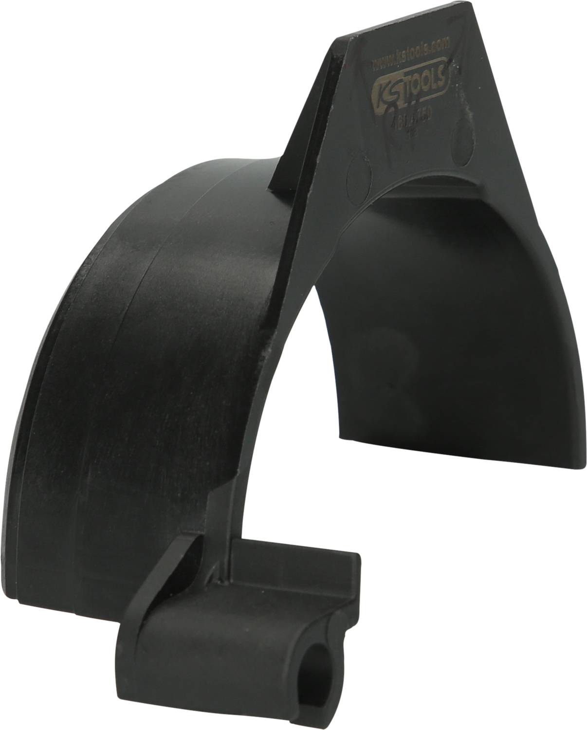 Schwarzes Plastikwerkzeug mit gebogenem Design und Markenlogo auf der oberen Fläche. Verwendet in industriellen Anwendungen.