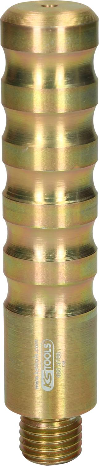 Goldene Metallwalze mit Rillen, die zu einem Werkzeug zu gehören scheint. Unten ist ein kleines Gewinde zu erkennen.