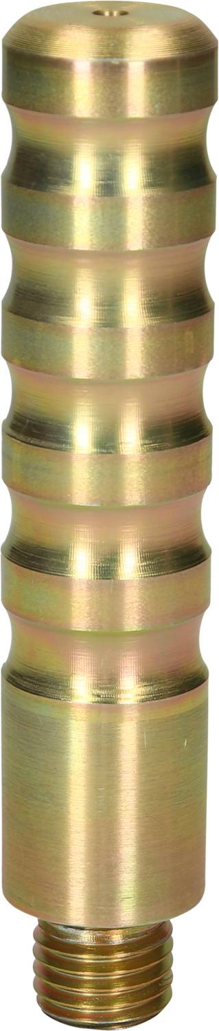 Ein metallischer, zylindrischer Anschluss mit Schlitzen und einem Außengewinde unten, scheinbar für industrielle oder mechanische Zwecke.