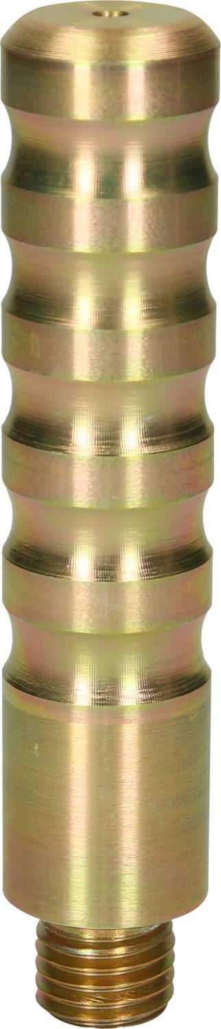 Messingfarbene Metallverbindung mit gerillter Oberfläche und Schraubgewinde am unteren Ende, genutzt für industrielle Anwendungen.
