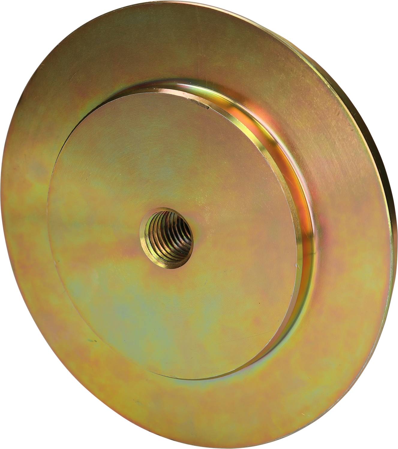 Metallscheibe mit zentralem Gewinde. Oberfläche ist glänzend und regenbogenfarben beschichtet. Geeignet für mechanische Anwendungen.
