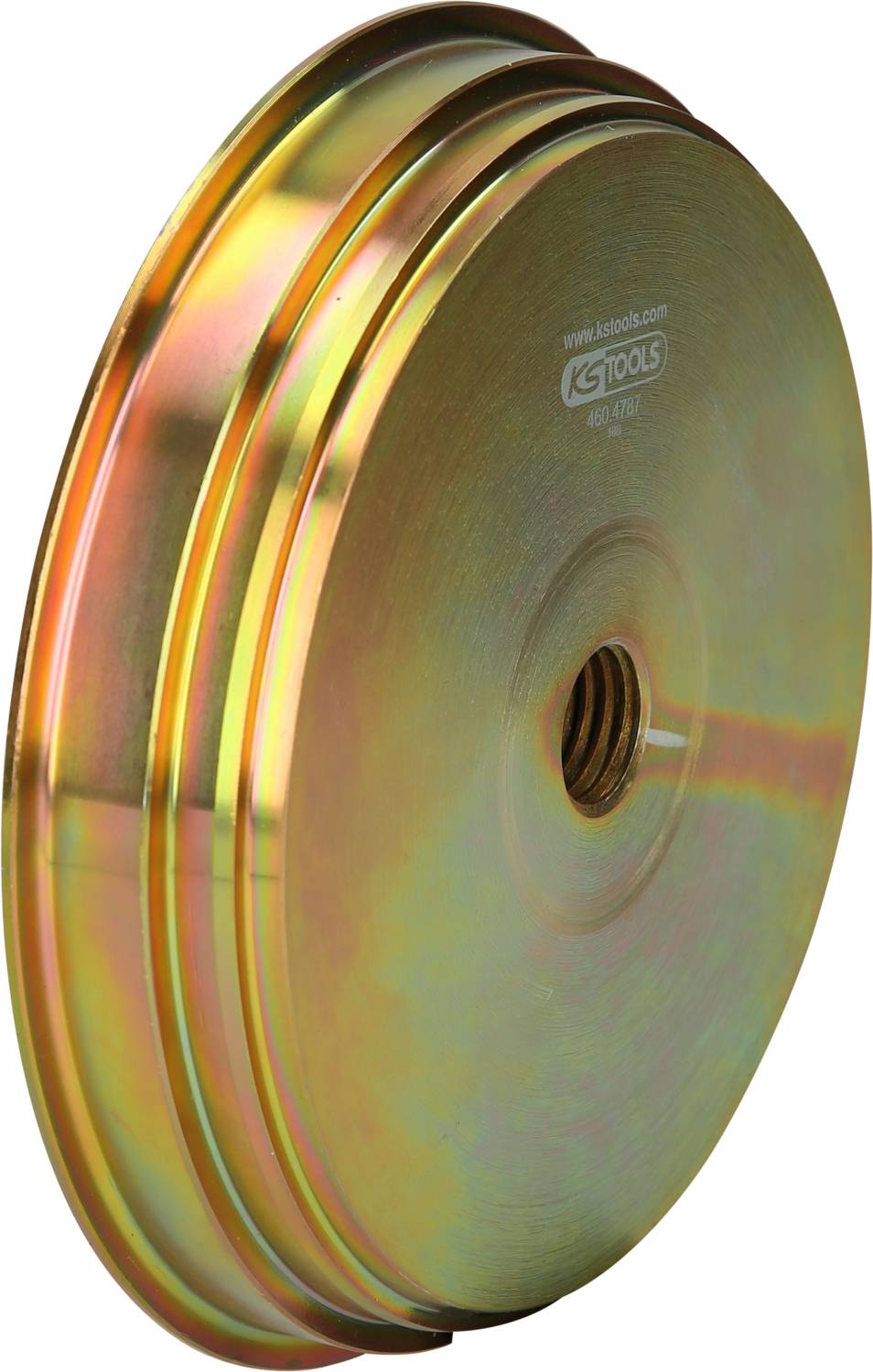 Ein dreirilliger Metallflaschenzug, goldfarben, mit einem Mittelgewinde zur Befestigung. Ideal zur Kraftübertragung an Seilen.