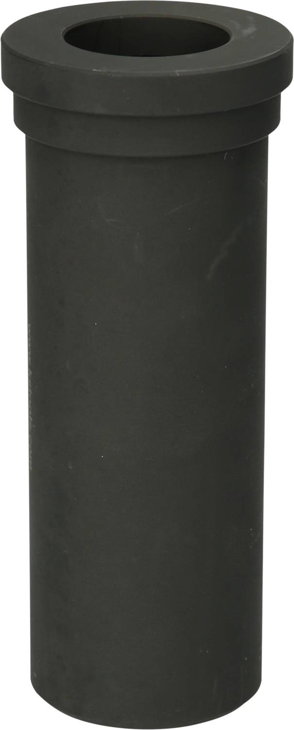 Ein schwarzes, zylinderförmiges Gummirohr mit einer zylindrischen Aussparung oben. Es ist glatt und hat einen leicht glänzenden Look.