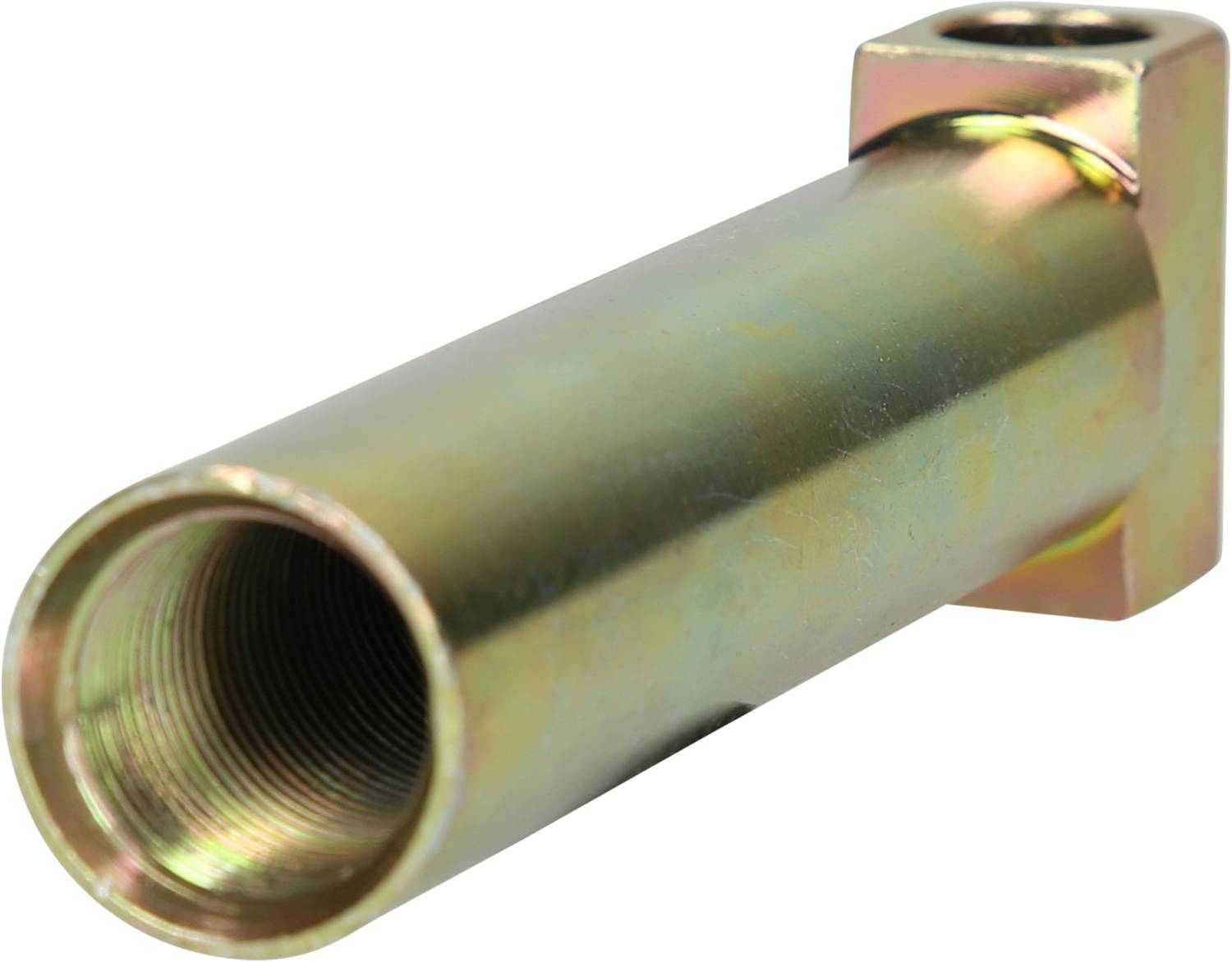 Metallrohr mit Gewinde und rechteckigem Flansch. Geeignet für industrielle Anwendungen oder Fluidverbindungen.