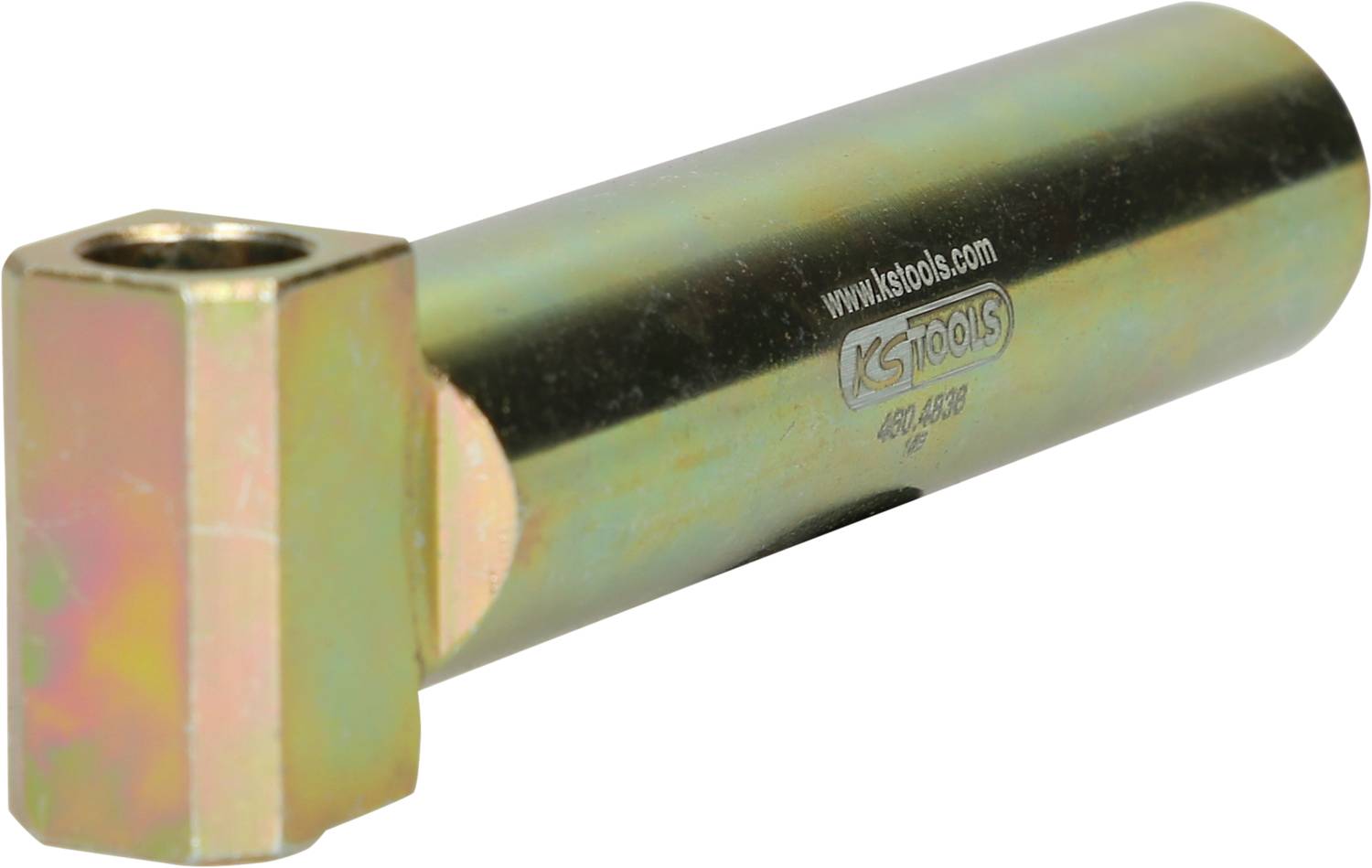 Zylinderförmiges Metallwerkzeug mit sechseckigem Ende und einer Öffnung, möglicherweise für Befestigungs- oder Montagezwecke.