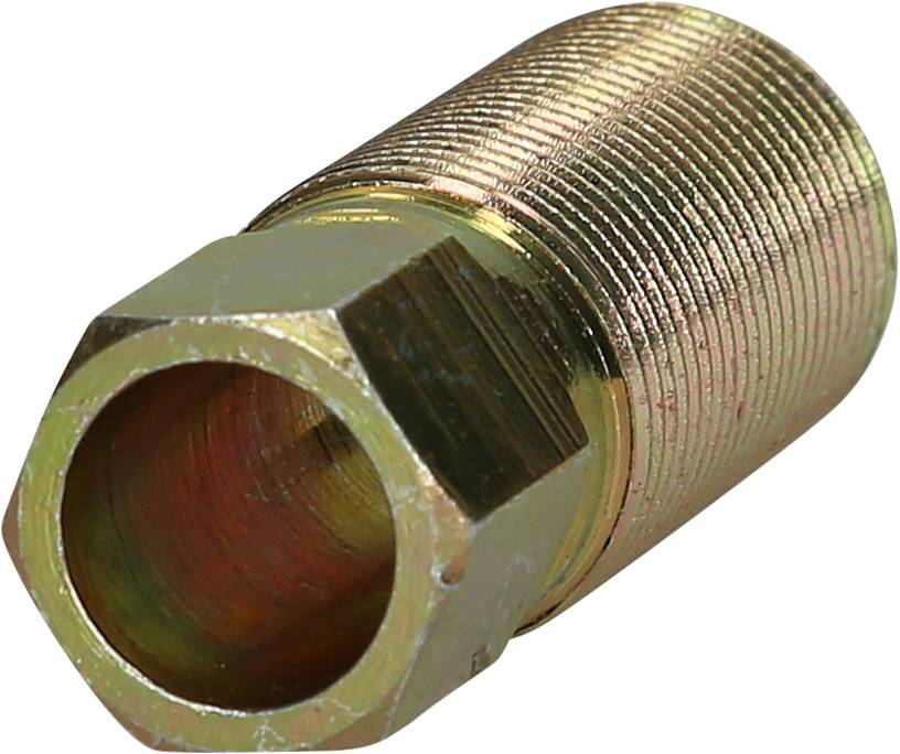 Metallgewindemuffe aus Messing, zylindrisch geformt, mit gerändelter Außenfläche und abgerundetem Hexagon-Anschluss.