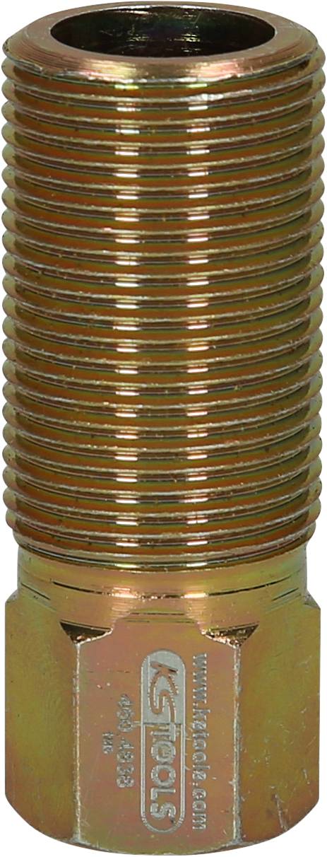 Ein metallischer Bolzen oder Gewinderohr, zylindrisch mit gerillter Oberfläche für Verschraubungen oder Befestigungen.