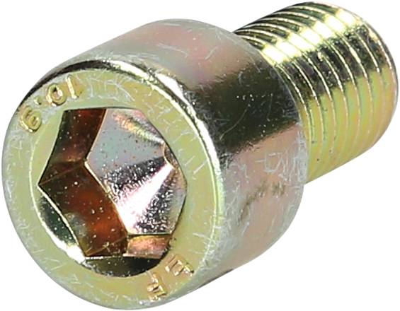 Metallische Sechskantschraube mit Innengewinde, goldfarben, seitliche Ansicht.