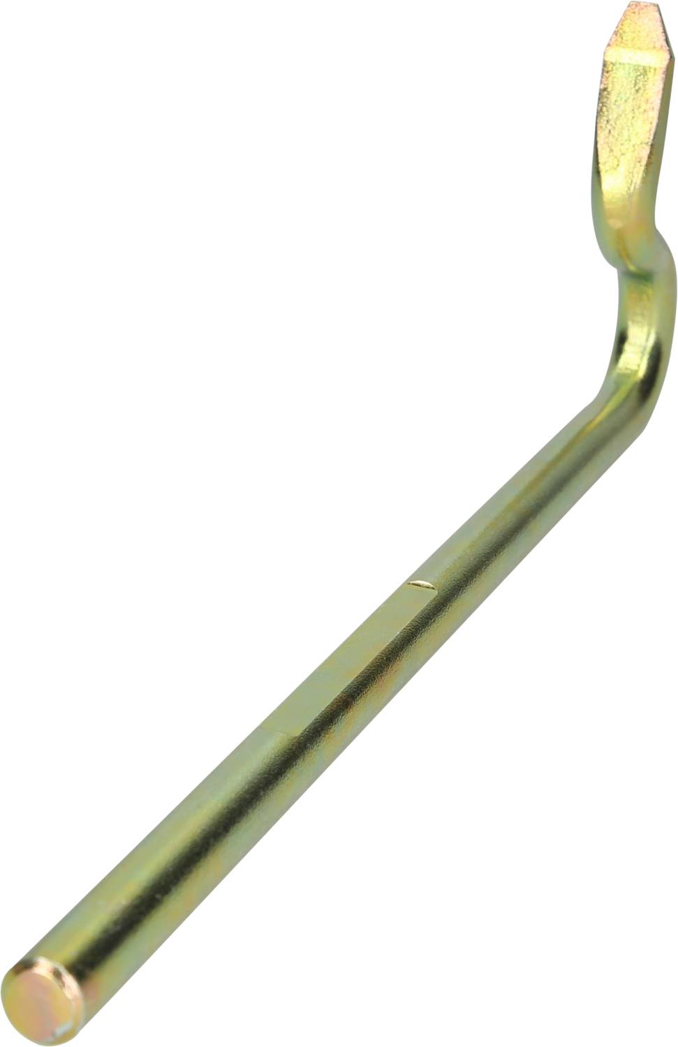 Ein goldfarbener, gebogener Metallstab mit flachem Ende. Geeignet als Hebelwerkzeug oder Stütze in technischen Anwendungen.