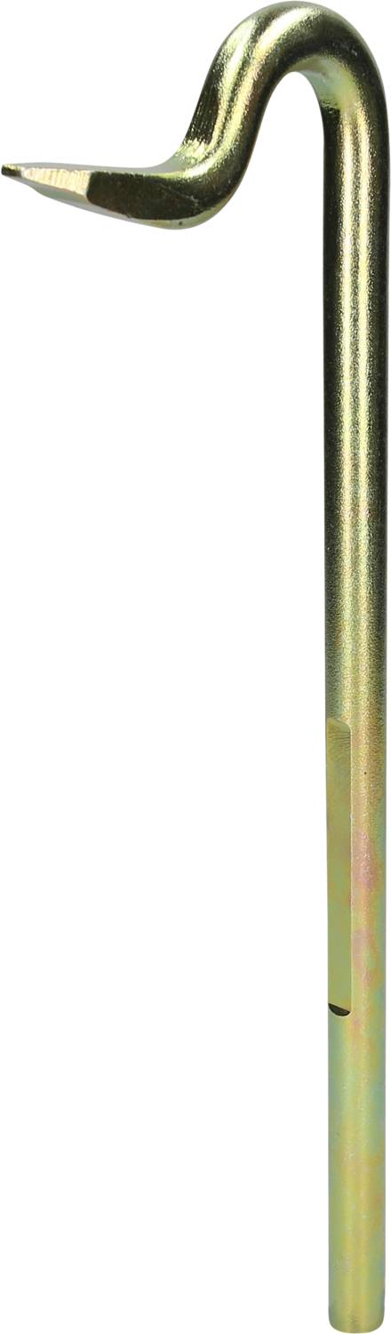 Ein metallener Zelthering mit gebogenem oberen Ende und spitzer Spitze, geeignet zum Befestigen von Zelten oder Planen im Boden.