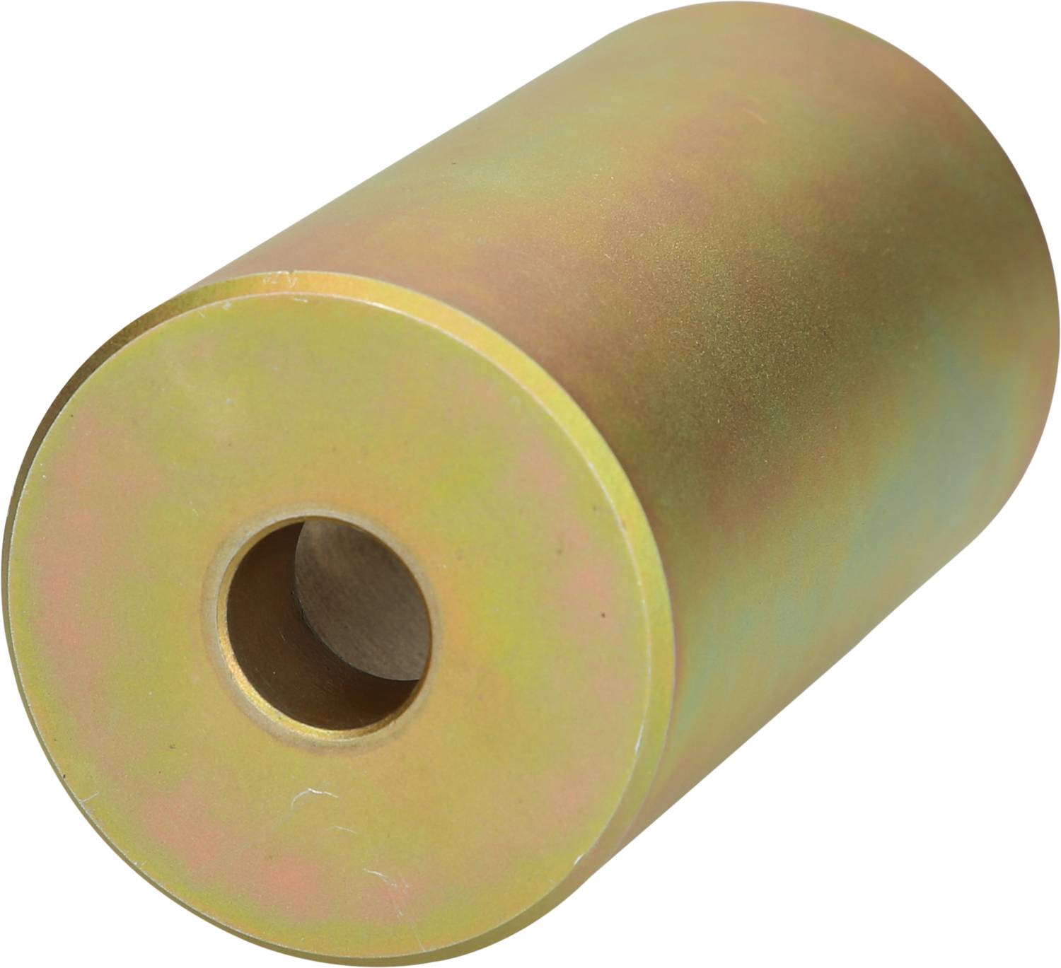 Ein zylindrisches Metallobjekt mit einem zentralen Loch, goldfarbene Oberfläche, möglicherweise ein Bauteil oder Befestigungselement.