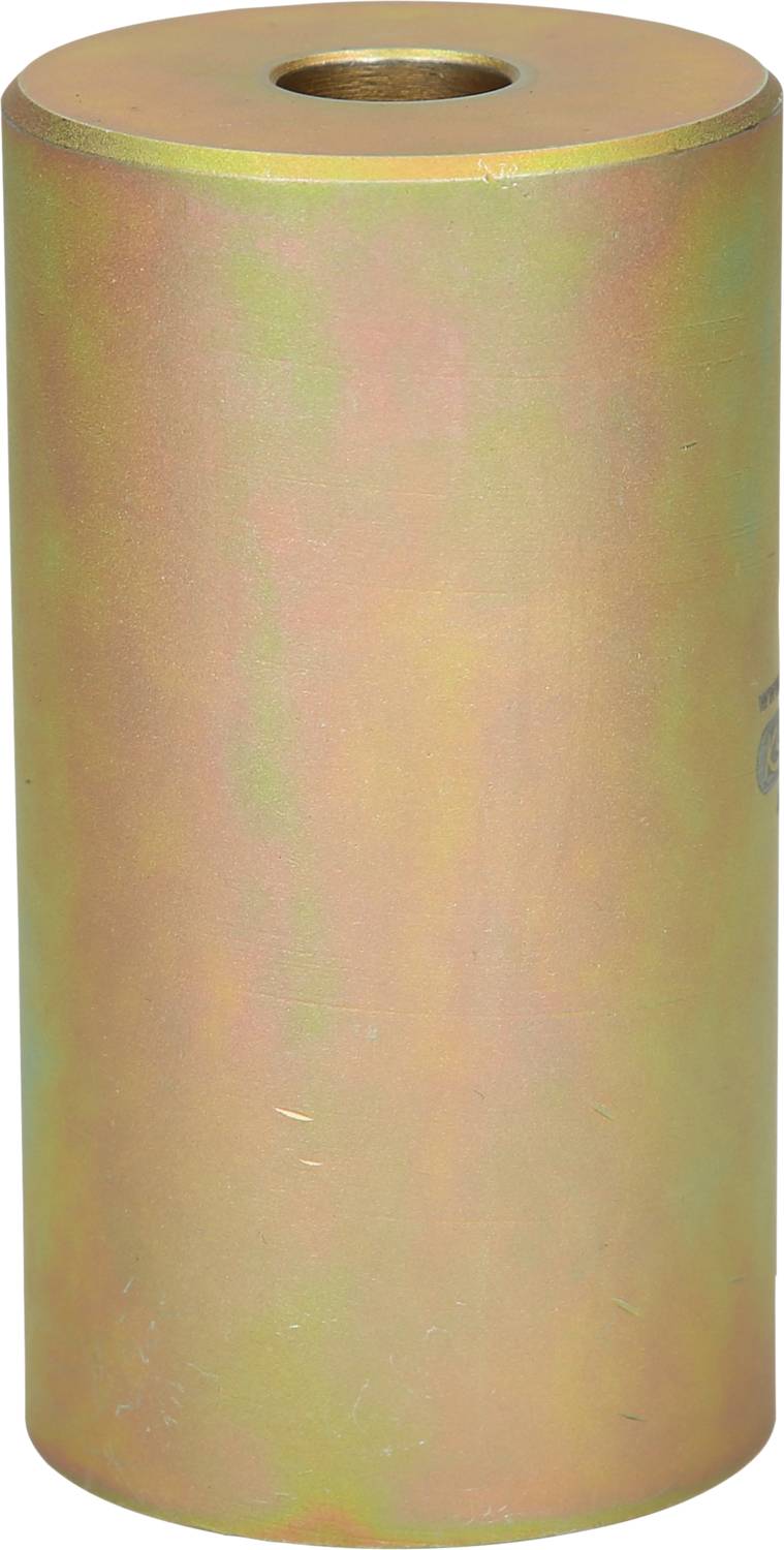 Zylindrisches Metallteil mit Bohrung oben, rostfreie Oberfläche, verwendet für mechanische Anwendungen oder als Abstandshalter.