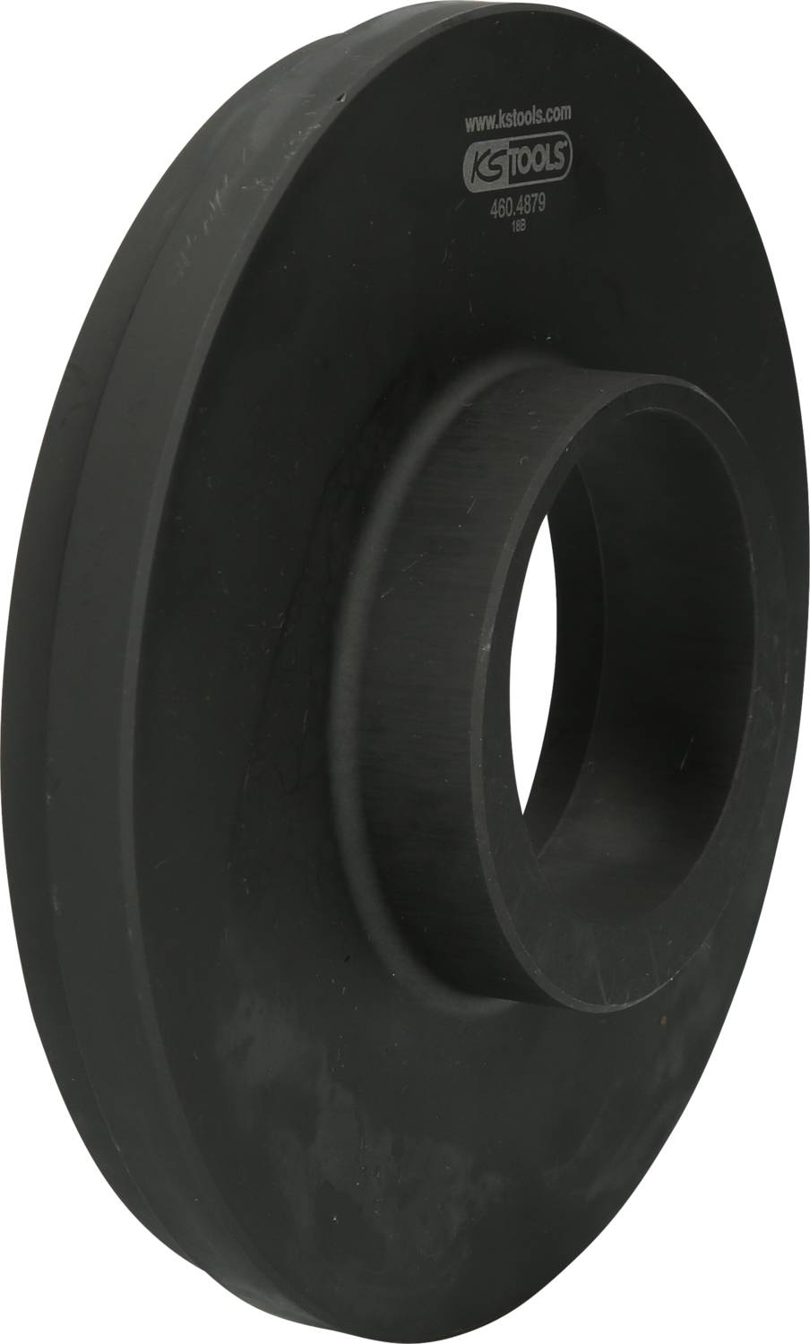 Schwarze, runde, flache Scheibe mit mittigem Loch, seitlicher Ansicht. Tool von 'ks tools', Artikelnummer 400.4879.