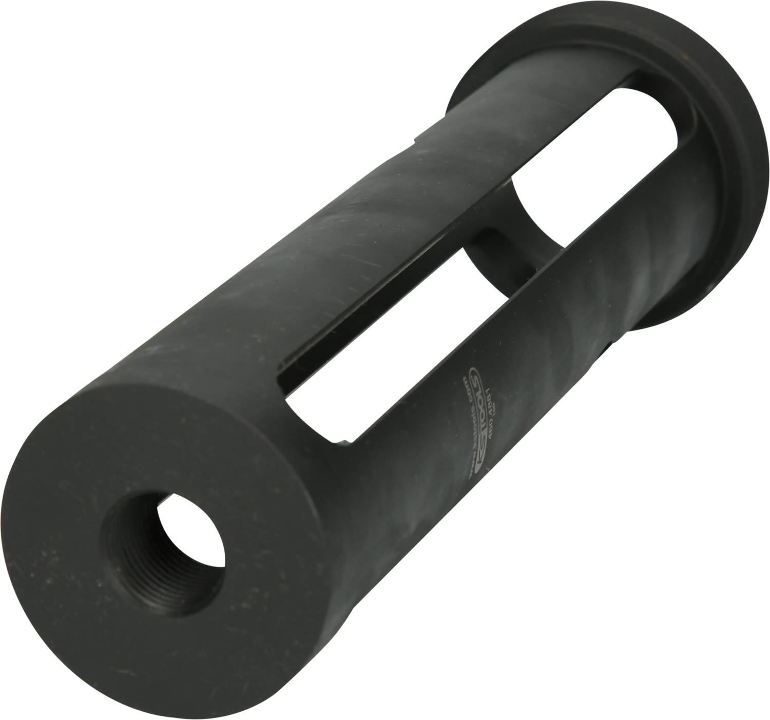 Schwarzes zylindrisches Metallteil mit seitlichen Ausschnitten und zentralem Gewinde, möglicherweise ein Maschinenteil oder Werkzeug.