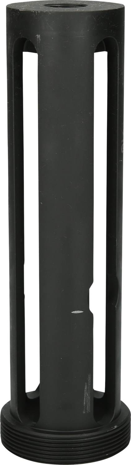 Ein schwarzes, zylindrisches Kunststoffteil mit Schlitzen entlang der Seiten, vermutlich ein Filtergehäuse oder eine Schutzhülle.