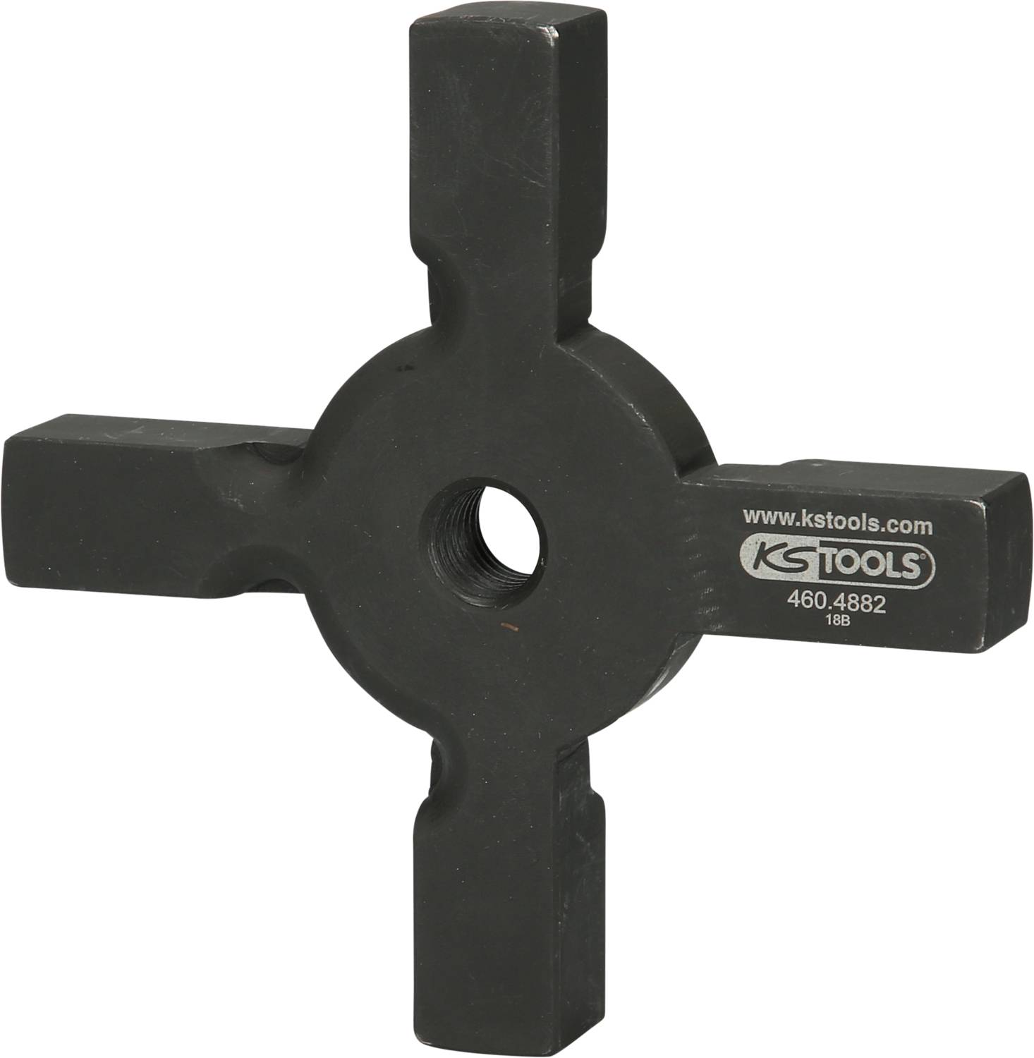 Ein schwarzer, kreuzförmiger Abstandhalter mit zentralem Gewindeloch, hergestellt von 'KS TOOLS'. Verwendet zum Halten von Kabeln.