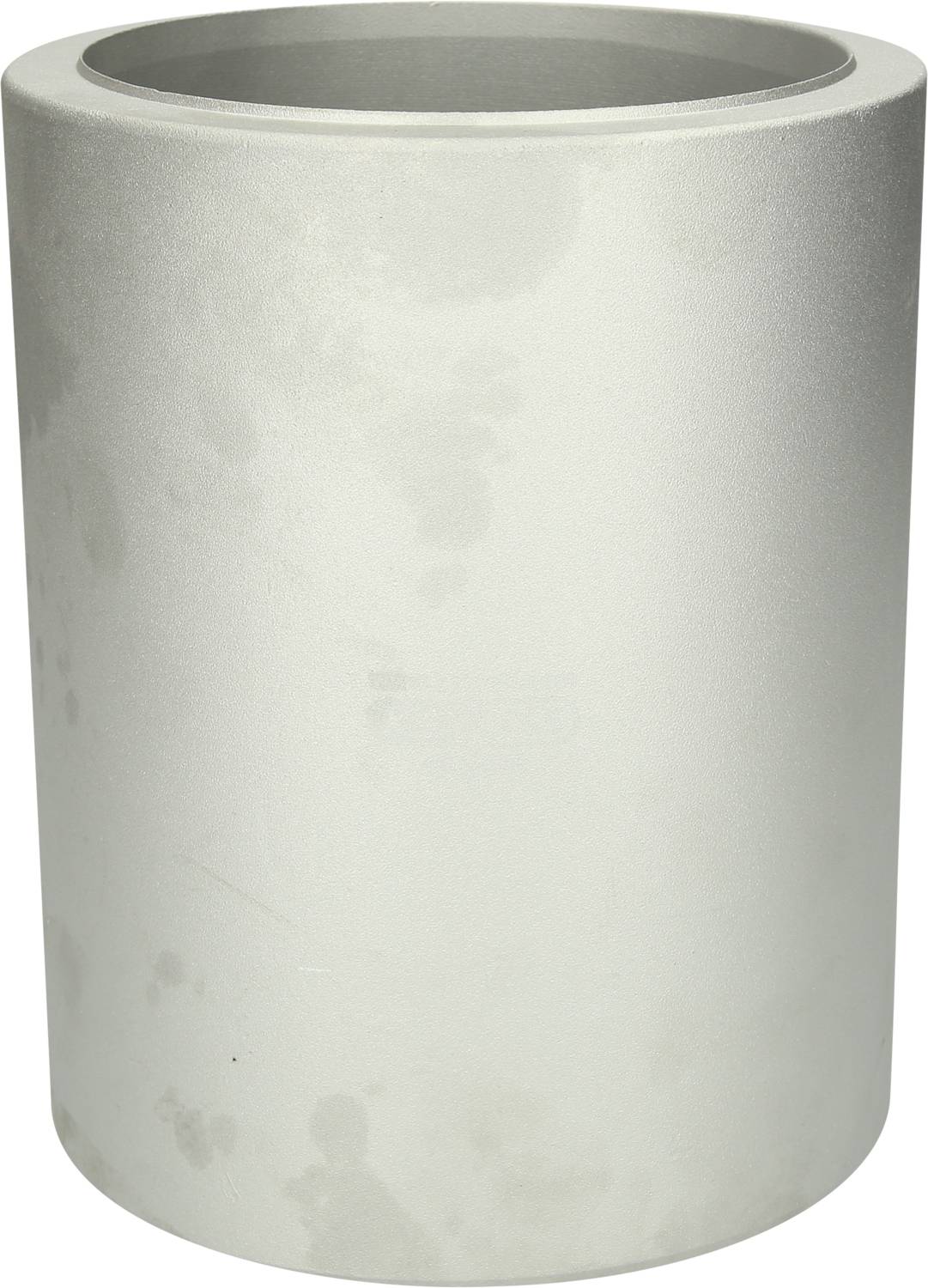 Grauer, zylindrischer Metallbehälter ohne sichtbare Beschriftung oder Dekoration, neutraler Hintergrund.